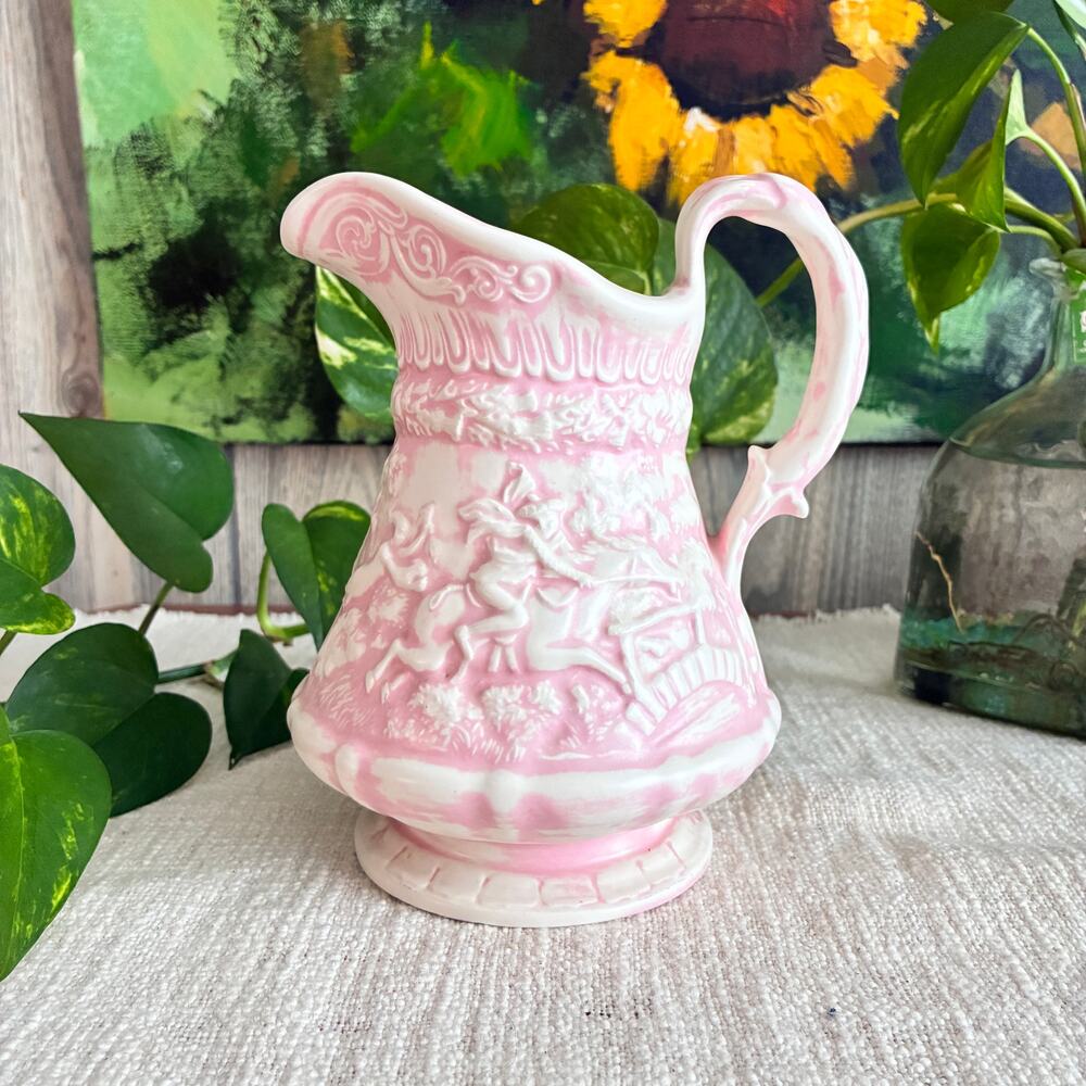 Vintage 1960s Ceramic Pitcher, Pink Cream Relief Vase, Mid Century Pottery